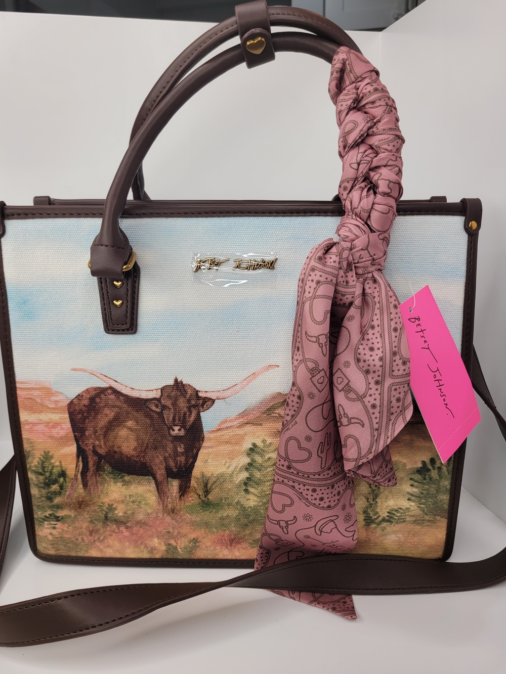 👉✨️ Betsey Johnson Pink Scarf Charm Canvas Longhorn Tote